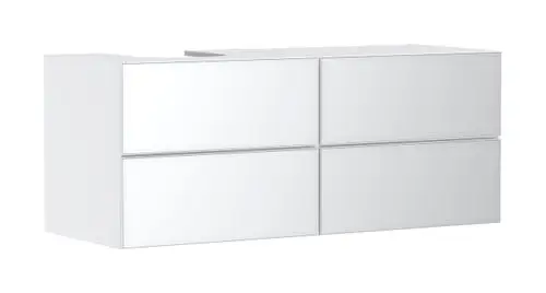 Weißer Waschtischunterschrank mit vier Schubkästen, geeignet für Konsolen Aufsatzwaschtisch, präsentiert von Hansgrohe.